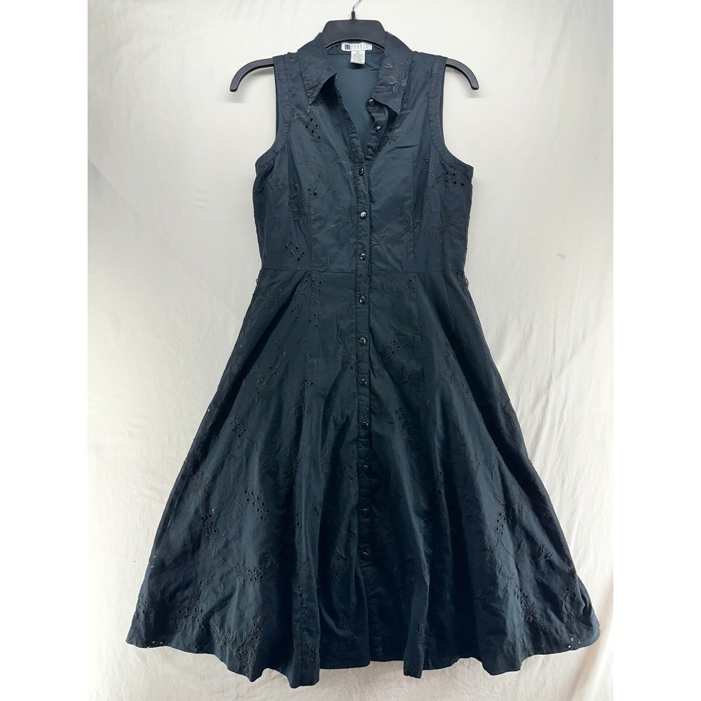 Carole Little Black Cotton Eyelet Floral Button Front Sleeveless Midi Dress 6